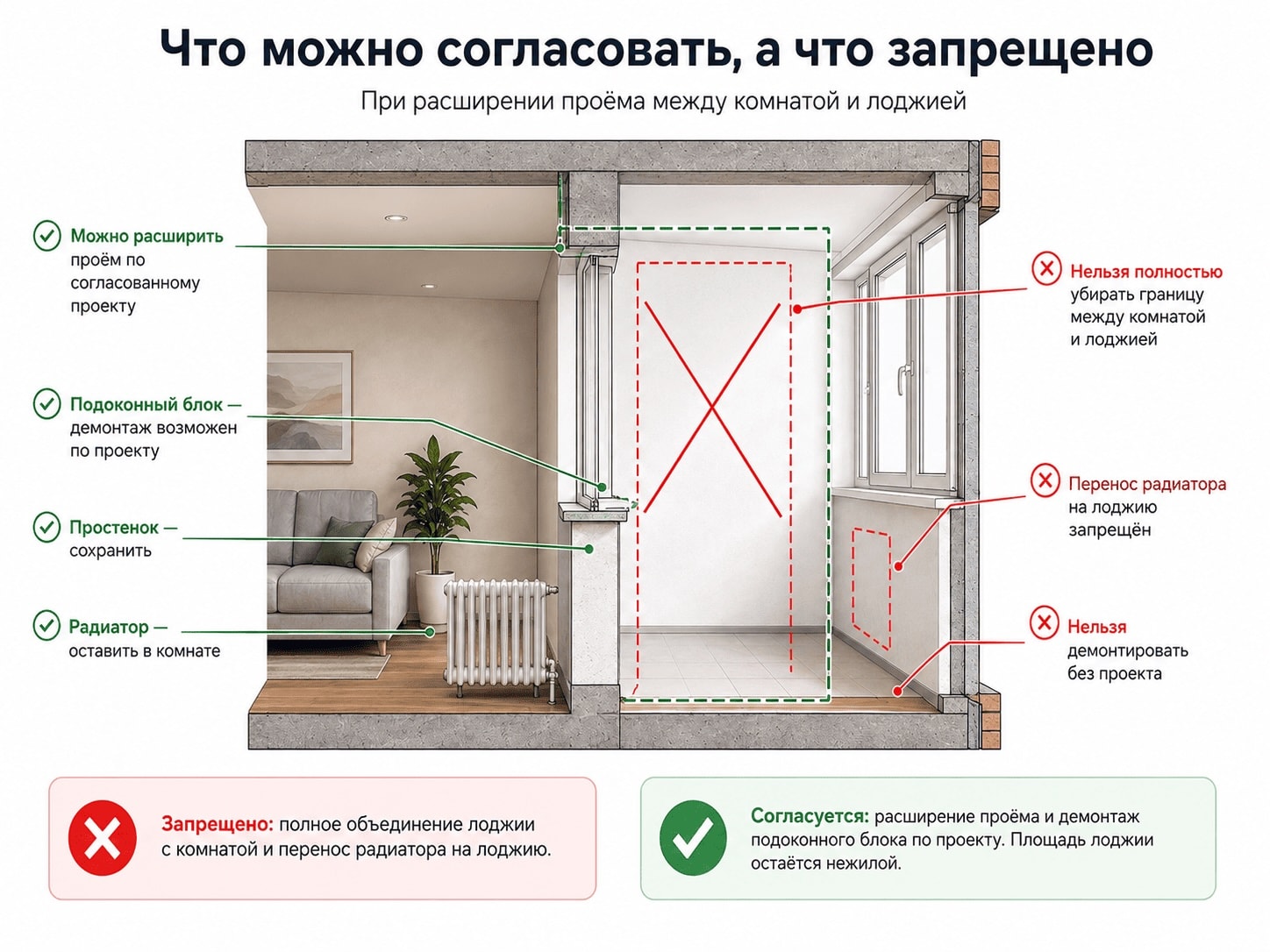 Схема допустимых и запрещённых работ при объединении лоджии с комнатой
